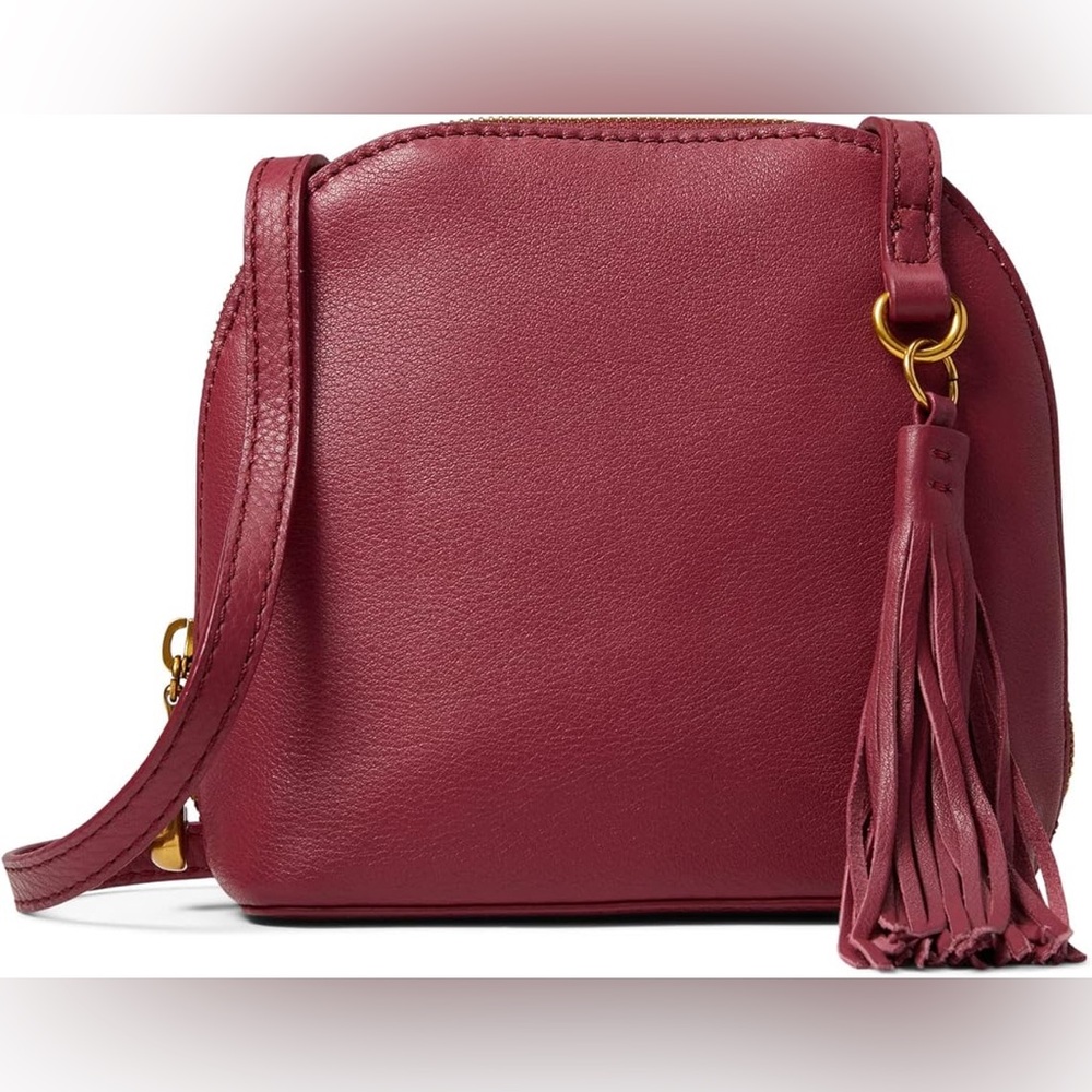 HOBO “Nash” Pebbled Leather Crossbody — Sangria, Adjustable Strap, Fringe Tassel